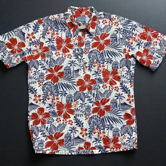 Reyn Spooner x Joe Kealoha Vintage Hawaiian Tropical Polo Shirt Red White Blue L - Picture 1 of 7